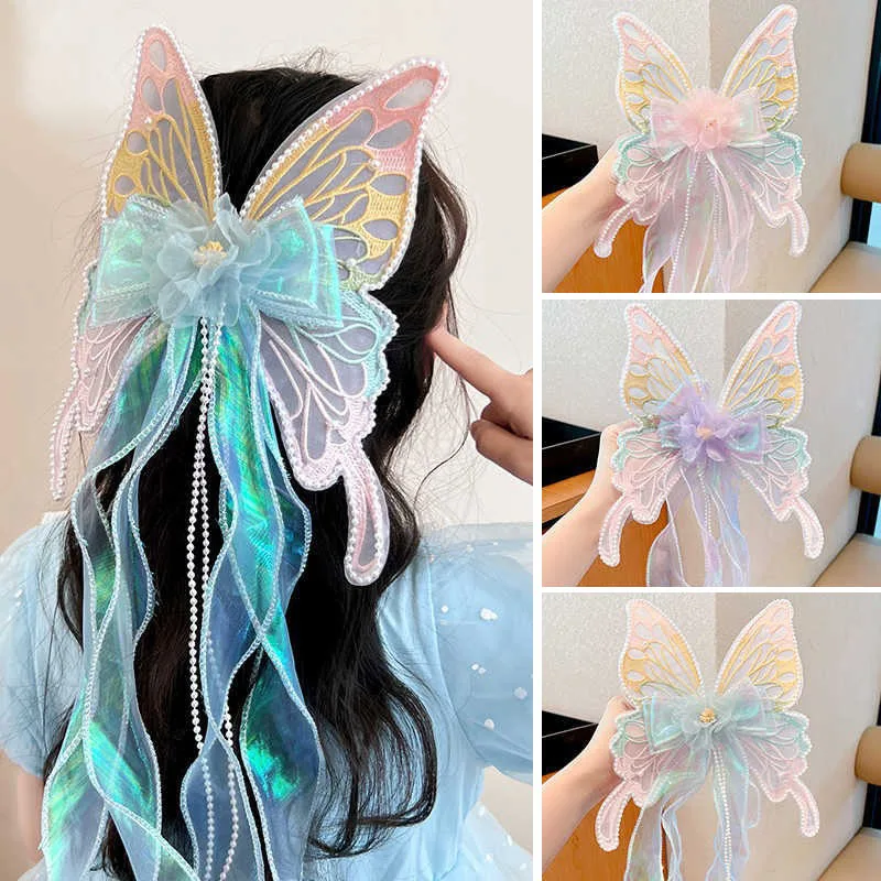 

Cute Girls Rainbow Butterfly Hair Clip Big Bow Princess Style Girl Woven Hair Strap Hair Clip and Long Tail Metal Buckle HP01