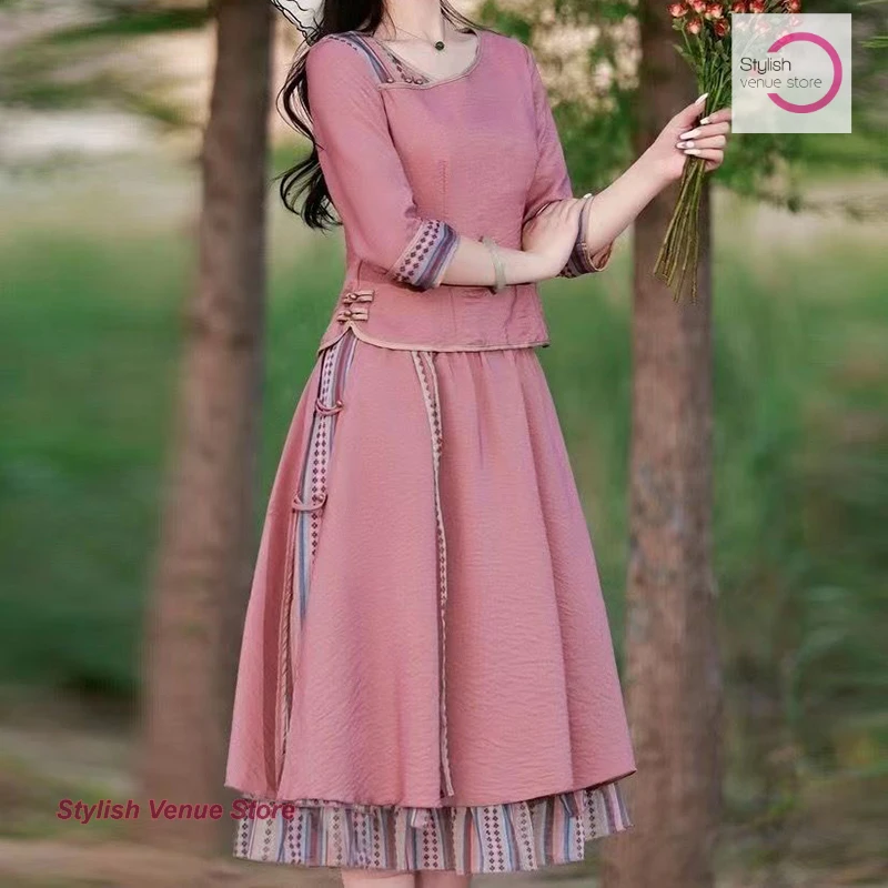 

New Chinese national style red suit women's spring and autumn new retro shirt fashion pastoral style top skirt two-piece suit