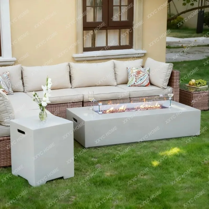 XX Propane Fire Pit Table 50000 BTU Gas Firepit White Glass Wind Guard Tank Hidden Table Backyard Outdoor Terrace