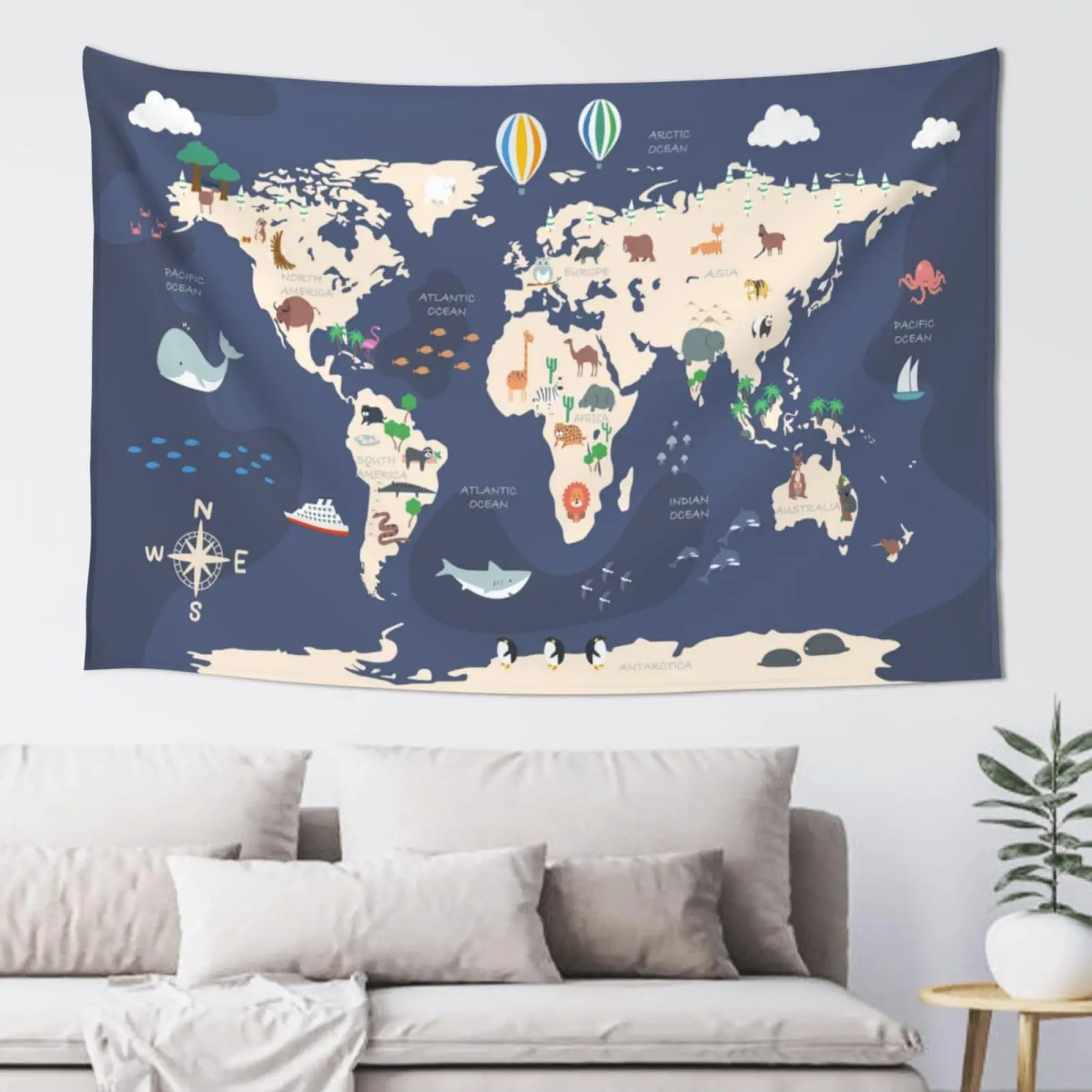 Cartoon World Animal Map Tapestry Wall Hanging Decorative Headboard Background Cloth for Bedroom Sofa