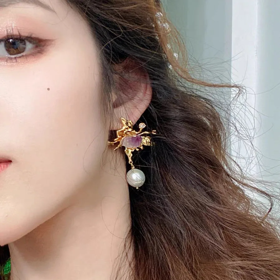 FXLRY Delicate Gold Butterfly Earrings Super Fairy Asymmetric Purple Zircon Freshwater Pearl Crystal Earrings For Women Fashion