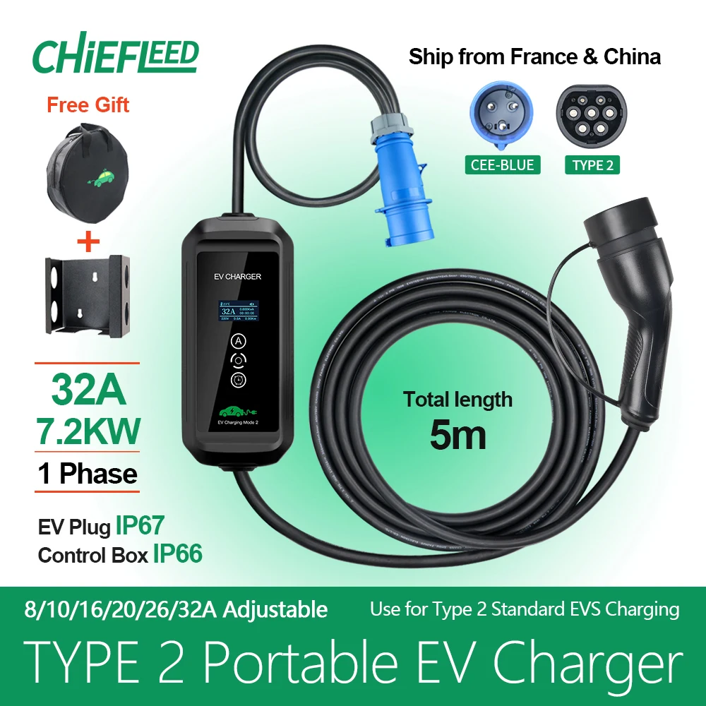 Chiefleed EV Portable Charger Type2 EVSE Wallbox 32A 7.2KW Power Plug 5m Charging Box Plug 1Phase