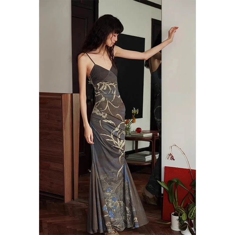 Vintage-Print Langes Kleid Damen Y2K Harajuku Sexy Spaghetti-Träger Maxikleider Elegantes Party V-Ausschnitt Kleid Sommer Bodycon Vestidos