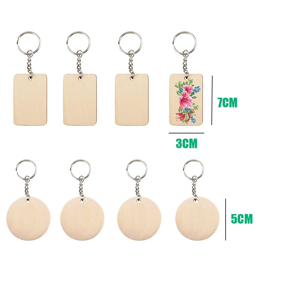 40pcs DIY Wood Keychains Blanks Tassel Charms Set Round Rectangle Wooden Ornaments Blank Key Rings Keychain Tassels Jump Rings