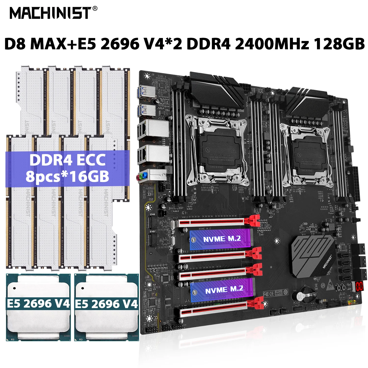 

MACHINIST X99 D8 MAX Motherboard Set LGA 2011-3 Kit Xeon E5 2696 V4 Processor CPU*2 DDR4 128GB(8pcs*16GB) 2400MHz ECC Memory RAM