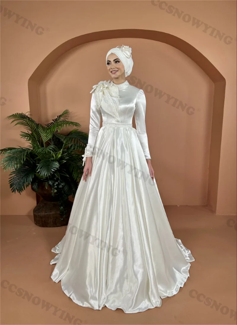 

Fashion Satin Beaded Hijab Islamic Wedding Dress for Bride Long Sleeve Muslim Bride Gown Dubai Arabic Vestidos De Novia