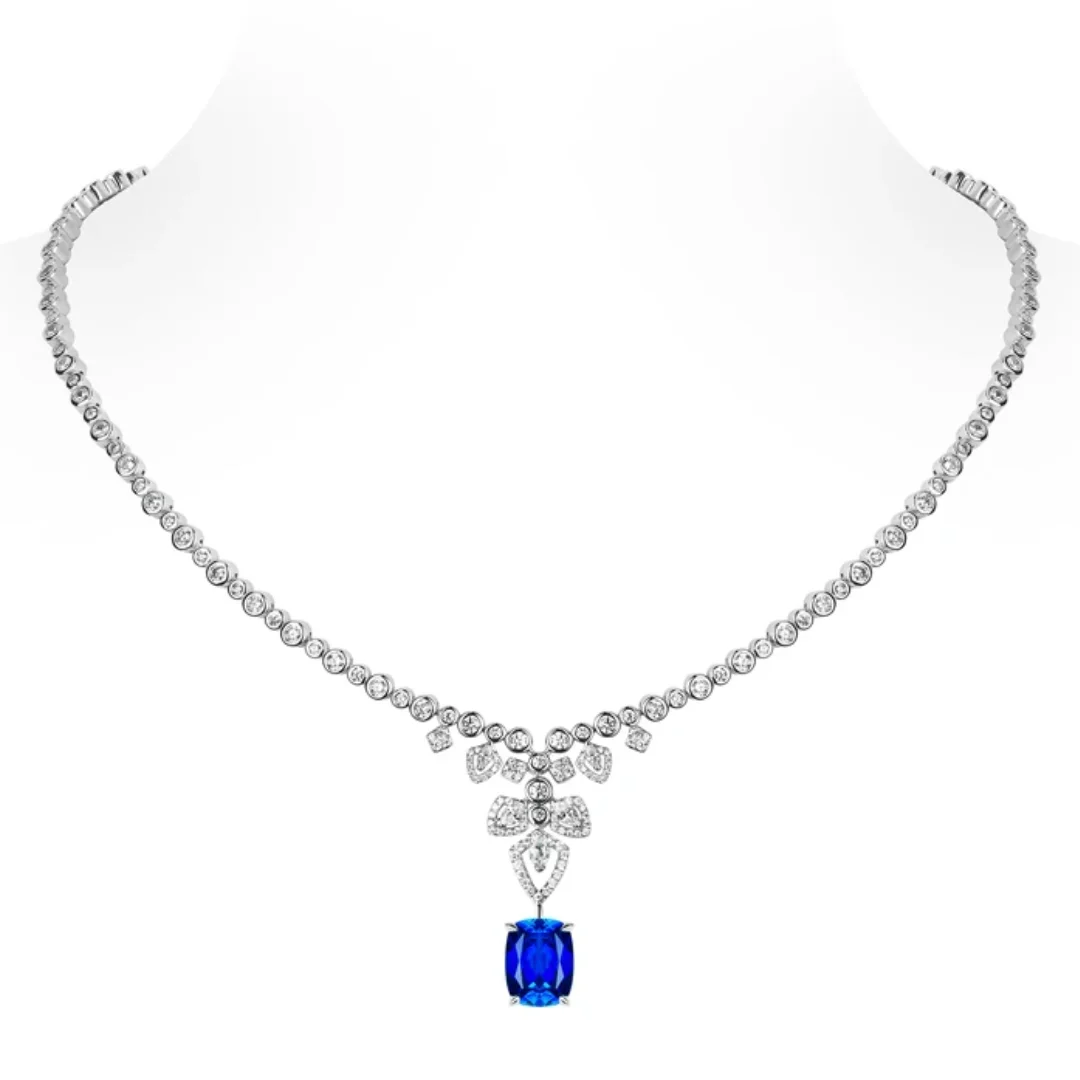

BELLUX Pendant Chain 925 Silver Synthetic Zircon Sapphire Square Small Round White Diamond Light Luxury Fine Necklace