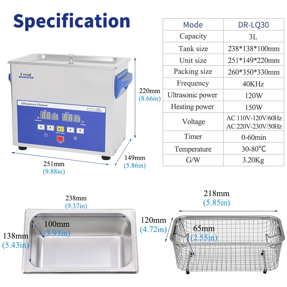 Digital Ultrasonik Cleaner 3L Denta Ultrasonic Cleaning Machine 120W for Dentures and Surgical Instruments