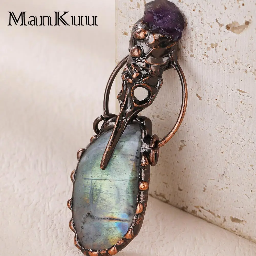 mankuu vintage antique bronze plating natural labradorite with amethyst crystal gemstone crow head pendant charm necklace unisex