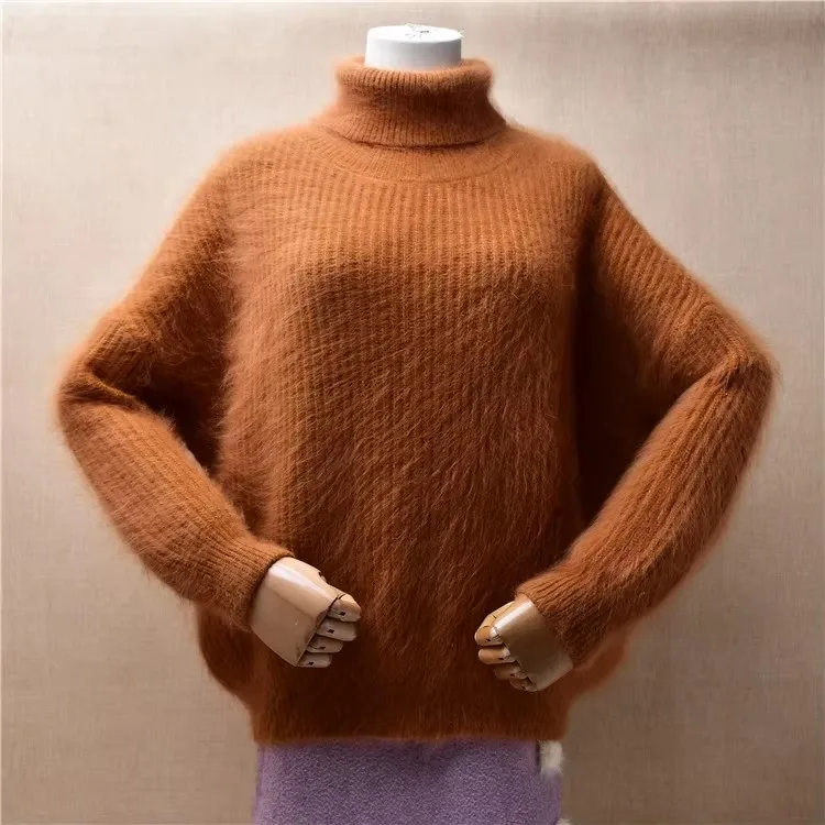

Женская осенне-зимняя толстая теплая полосатая вязаная водолазка из ангорского кролика с длинными рукавами, свободный пуловер, свитер, джемпер