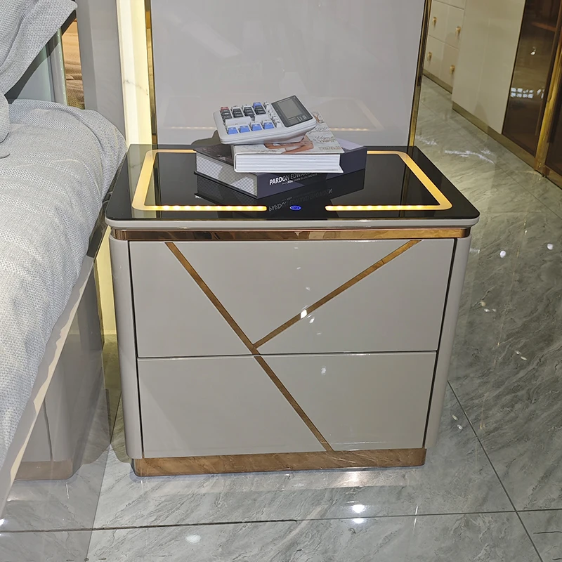 Wood Modern Led Nightstand Bed Side Cabinet Furniture Home Luxury Bedroom Wooden Smart Bedside Table With Wireless Charging