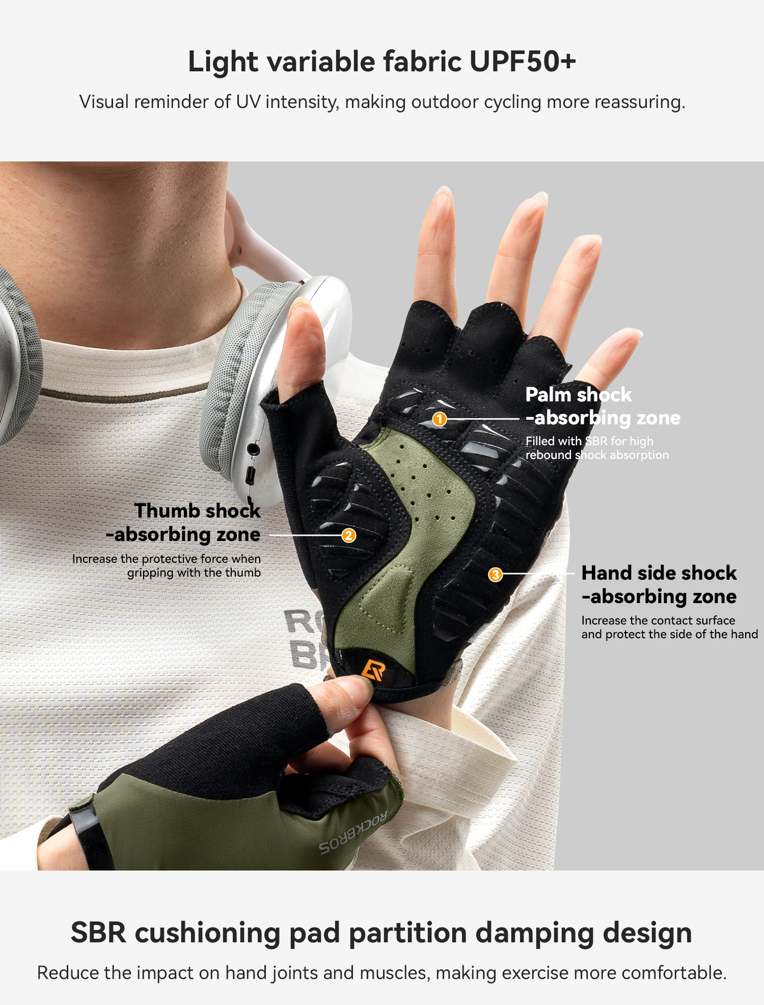 ROCKBROS Fahrradhandschuhe für Männer und Frauen, Sommer, atmungsaktiv, halbe Finger, rutschfest, SBR, stoßfest, photochromatische Fahrradhandschuhe – Detail 7