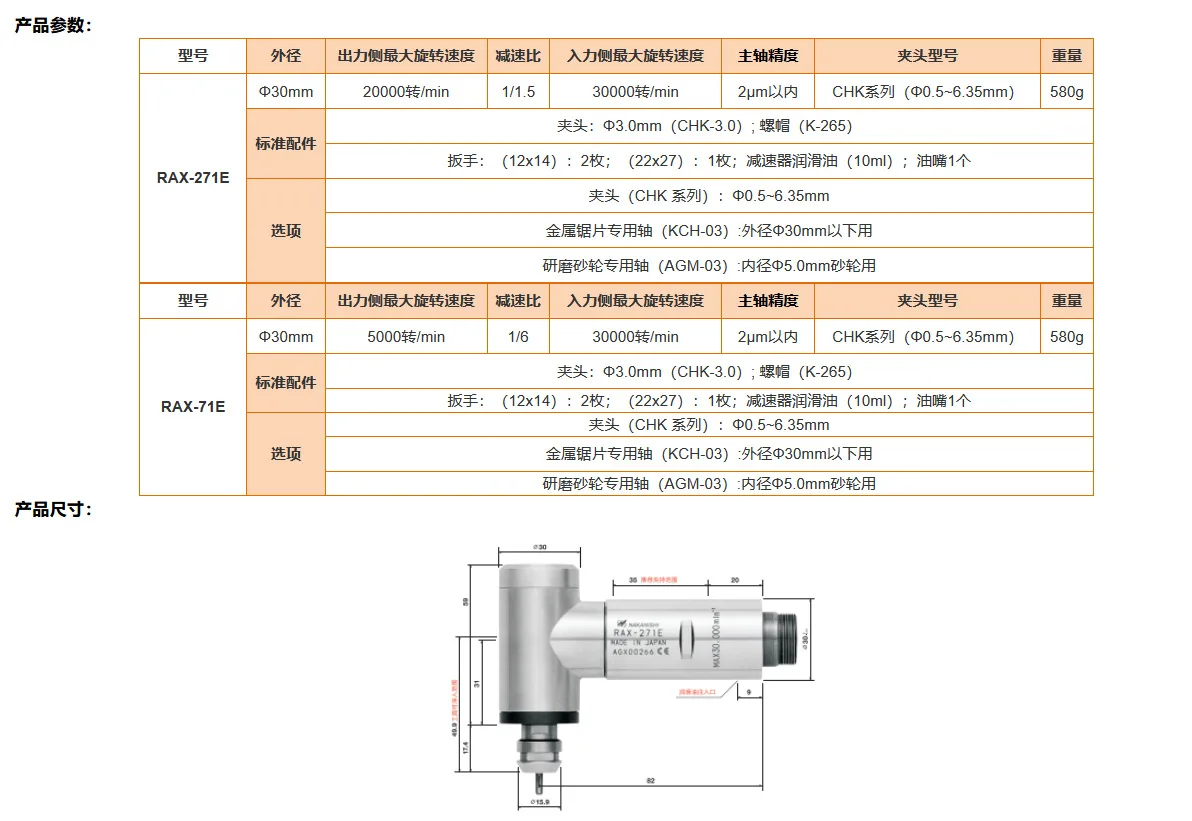 NAKANISHI Standard Right Angle Belt Deceleration Front End High Speed Spindle RAX-271E