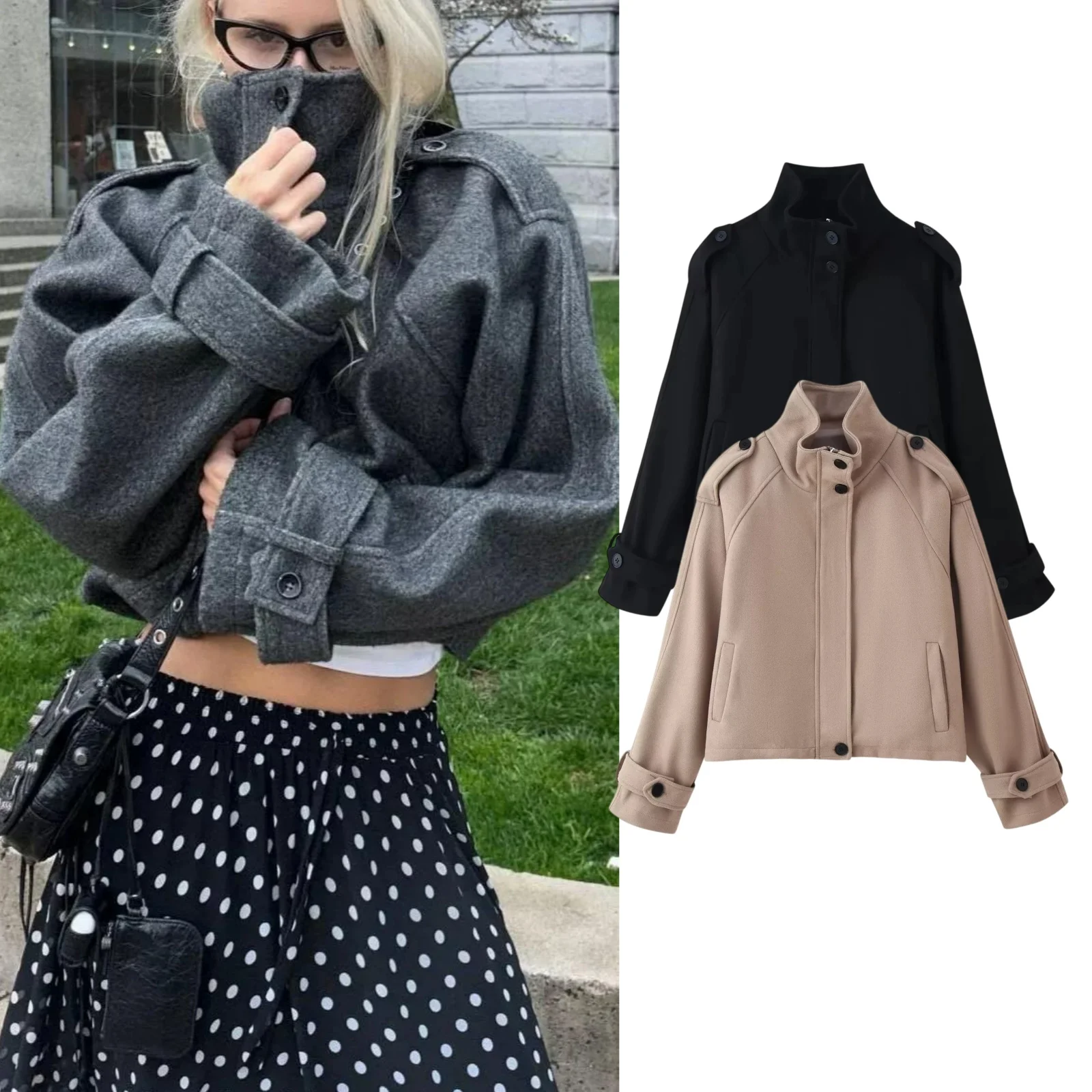 Retro American Style Women's Short Jacket Coat Loose Long Sleeve Notched Collar Button Decorated Woolen Outerwear