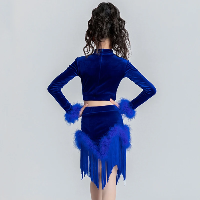 Kids Professional Latin Dance Clothes Blue Velvet Top Fringed Skirts Girls Performance Latin Dance Costumes Stage Dresses SL9184