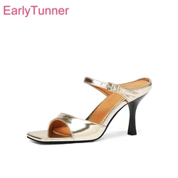 New Summer Fashion Gold Silver Women Mules Sandals Hot Open Toe High Heels Lady Party Shoes Plus Big Small Size 32 43 48