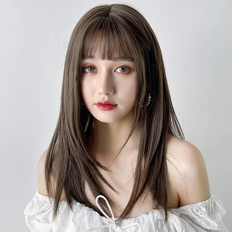 7JHH WIGS Synthetic Layered Cool Brown Wig for Women Daily High Density Long Straight Hair Wigs with Neat Bangs Heat Resistant - view 2