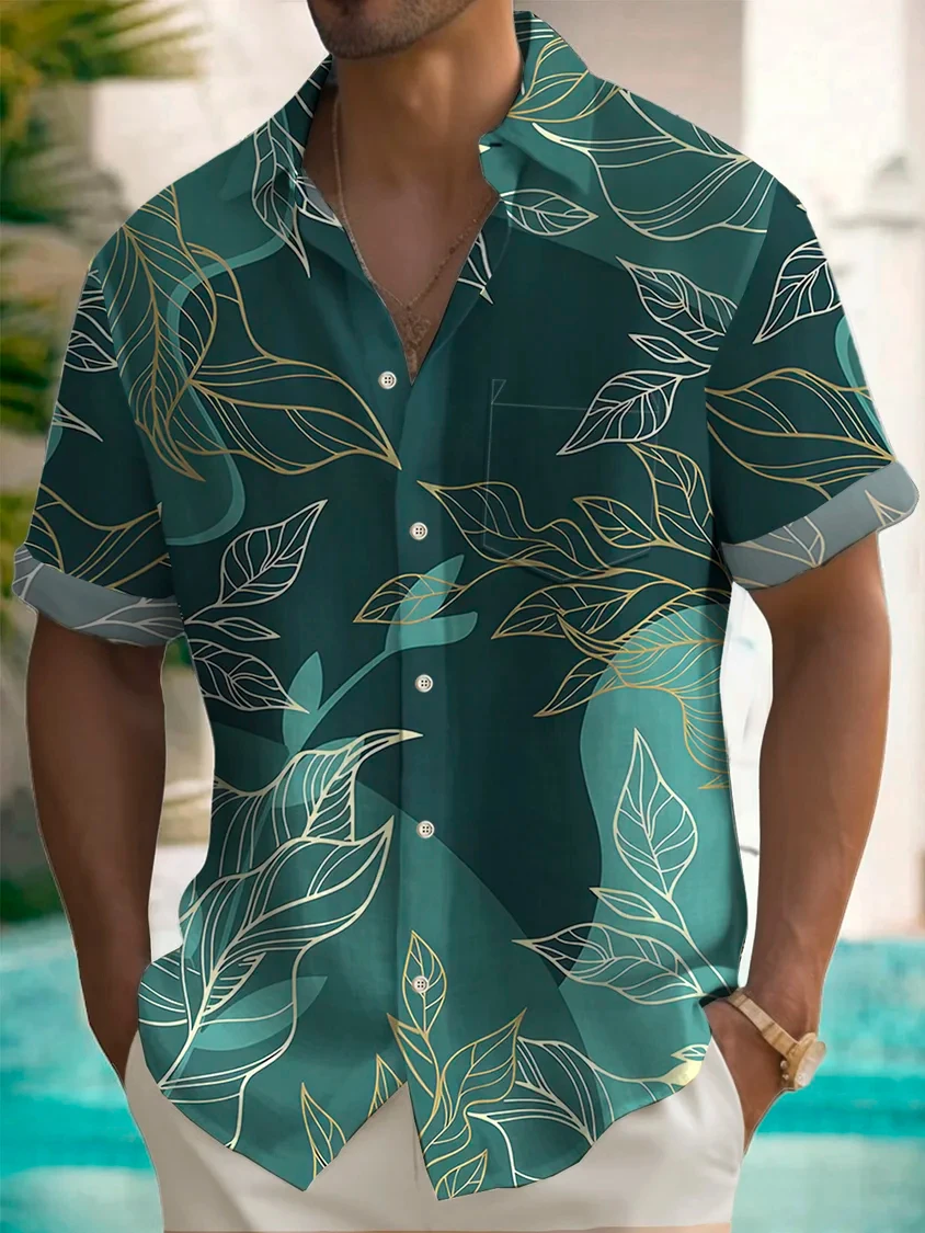 2024 Hawaiian Botanical Gold Leaf Print Men's Button Shirt Summer Turndown Short Sleeve Fashion Street