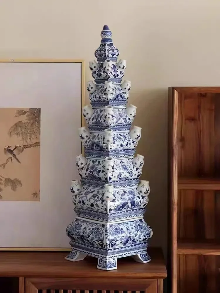 Luxury Ceramic Sculpture Vase Pagoda Blue and White Porcelain Simple Design Ornaments Interior Decoration Flower Tower