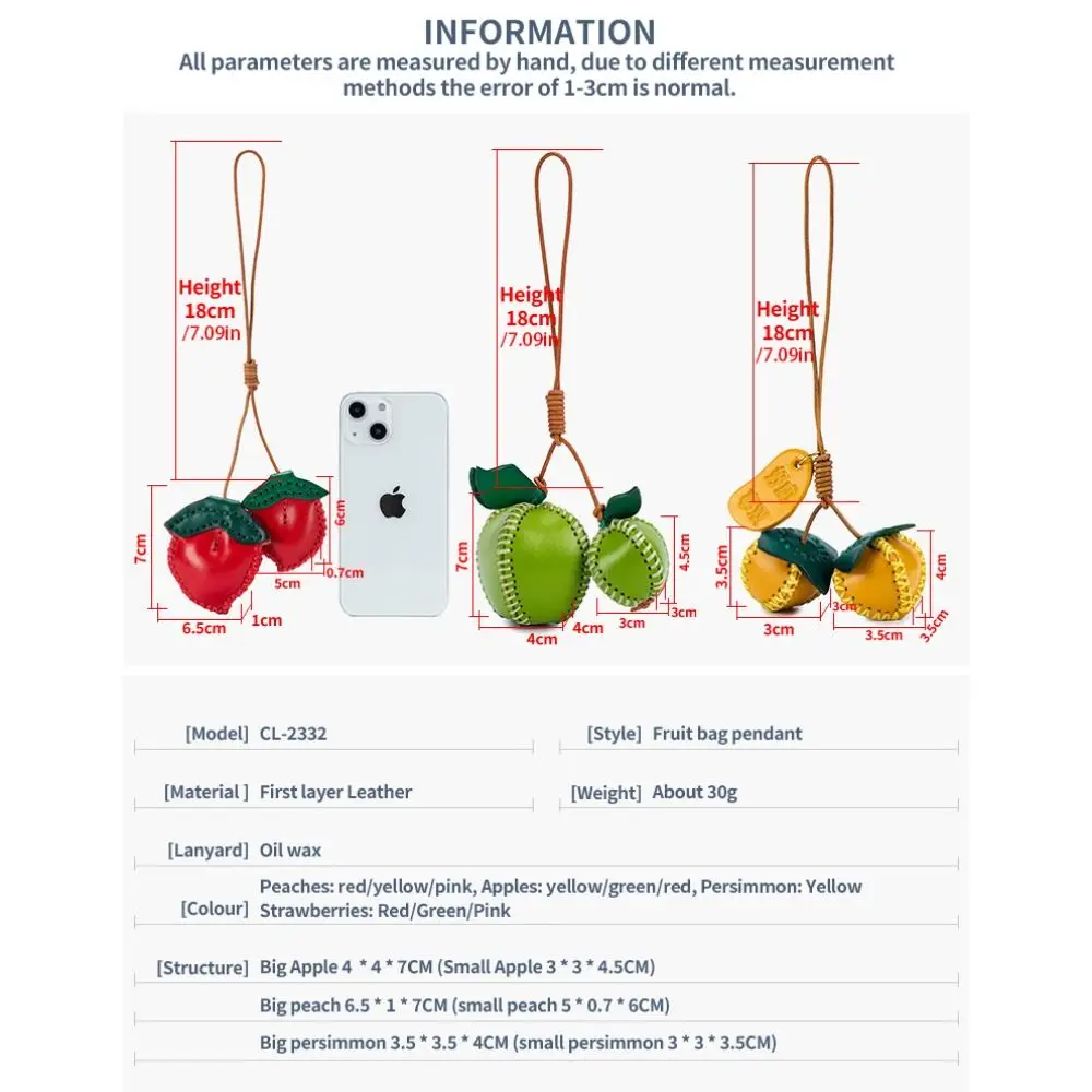 Multi-color Hanger Fruit Pendant Pear Peach Leather Keychain Handmade Car Keyring Bag Pendant Women
