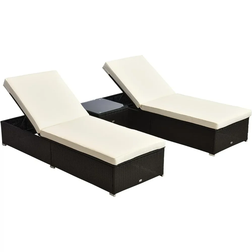 Chaise Lounge Set of 2 with 5 Angle Backrest, PE Rattan Wicker 3-Piece Pool Furniture Set, Cream White Lounge Chair