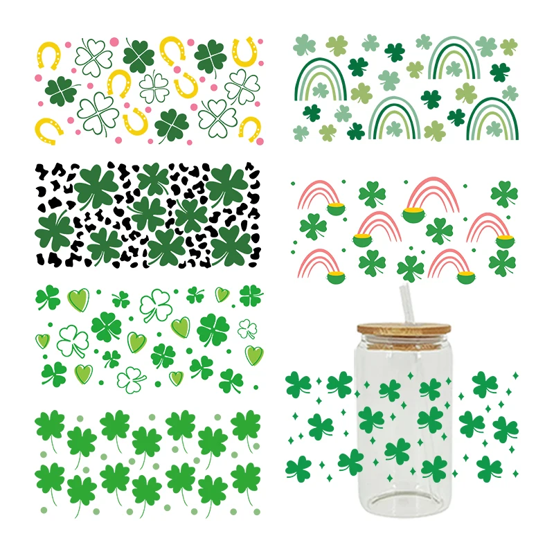 Cartoon Green Leaves 3D UV DTF Transfer Stickers Libbey Cup Wrap Iron For Glass 16oz D8694