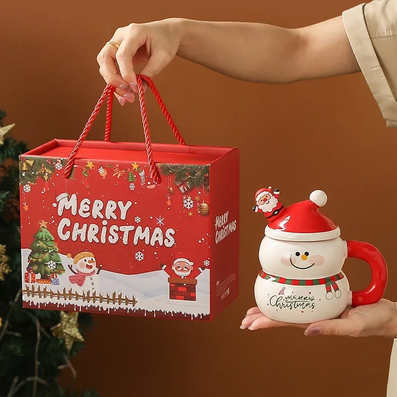 

400ML Christmas Ceramic Cup with Lid Handle Cartoon Snowman Snowman Mug Couple Xmas Gift Milk Coffee Cup for Home with Box