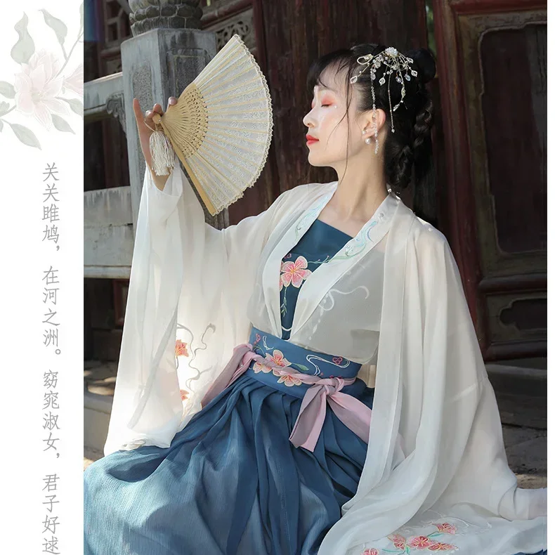 Set da 4 pezzi donna blu Costume tradizionale cinese Lady Fairy Dress ricamo Tang Dynasty Hanfu Princess Folk Dance abbigliamento