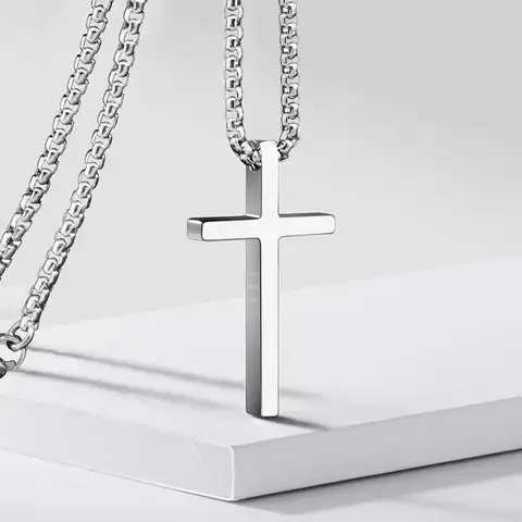 Hip Hop Trend Cross Pendant Necklace for Men Simple Punk Silver Color Titanium Steel Chain Versatile Street Jewelry Accessories