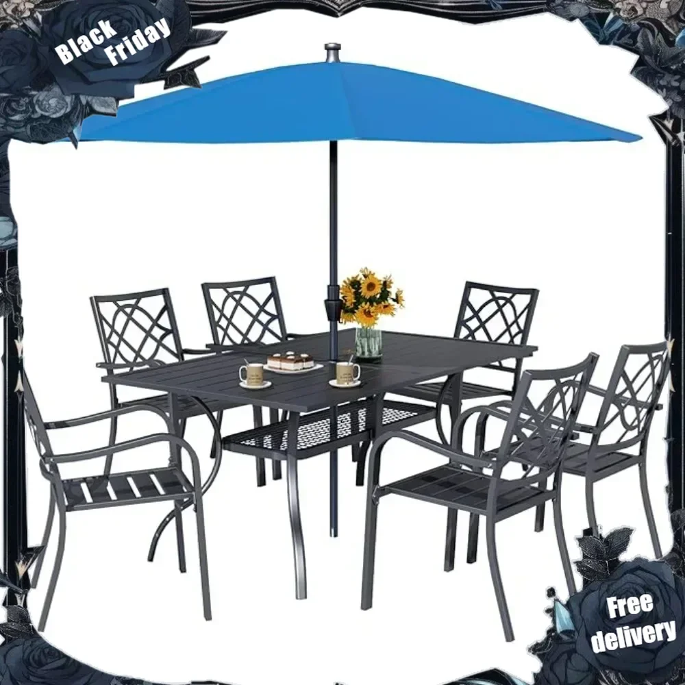 

7-Piece Outdoor Wrought Iron Chairs and Table Patio Dining Furniture Set for Garden Backyard Deck