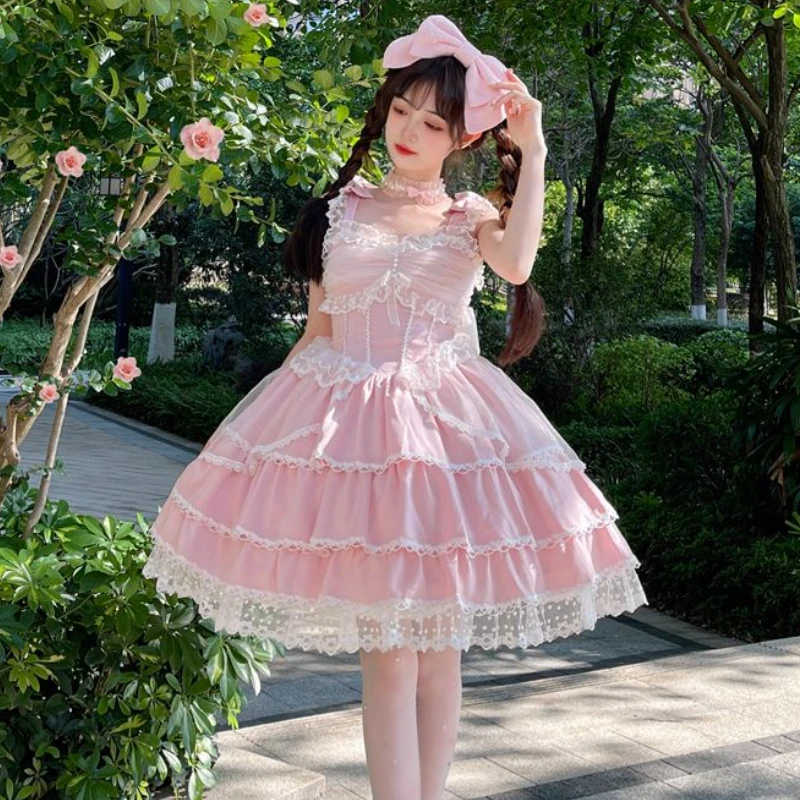 Japanese Sweet Lolita Jsk Dress Women Kawaii Lace Bow Sleeveless Princess Dresses Girls Gothic Elegant Slim Tiered Cake Dresses