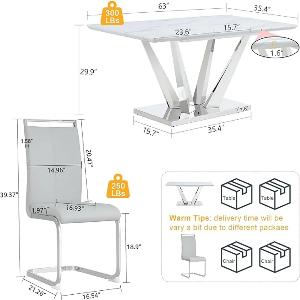 Ensembles de table à manger modernes, tables de cuisine et 6 chaises de salle à manger en similimarbre, cuir PU, 6 pièces