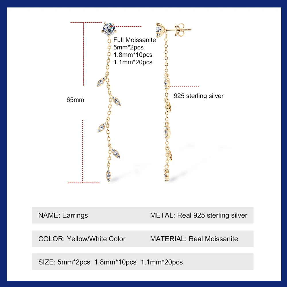 Sweetrain Long Tassel All Moissanite Drop Earrings for Women GRA Certified D VVS1 Lab Diamond 925 Sterling Silver Dangle Earring