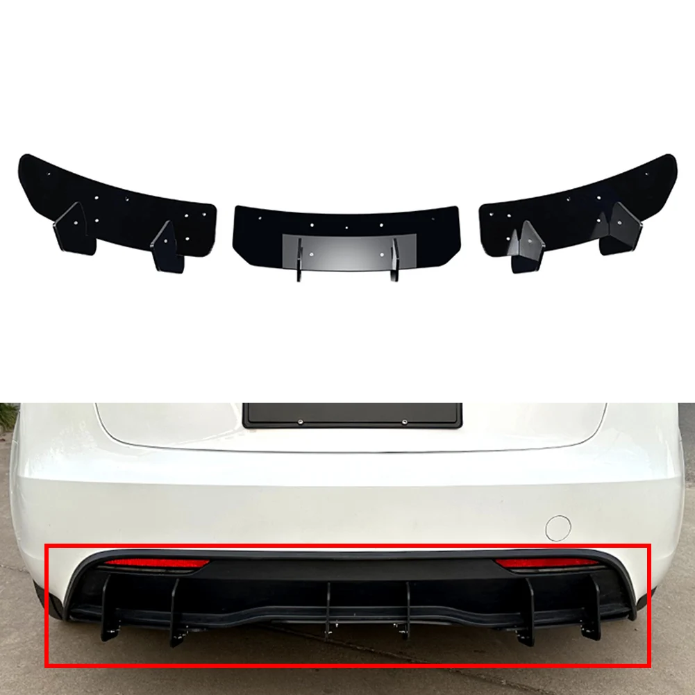 3Pcs/Set Glossy Black Car Rear Bumper Lip Diffuser Spoiler Protector For Tesla Model 3 2023-2024