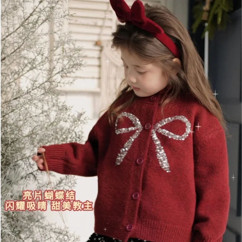 

Girls Autumn and Winter Korean Style Sequined Bow Knitted Sweater Baby Girl Fashionable and Stylish Coat