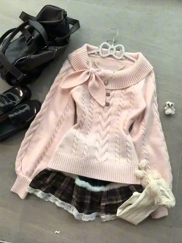 Winter Preppy Style Sweet Knitted Sweater Women 2000s Aesthetic Gyaru Chic Y2k Jumper Sweater Female Long Sleeve Retro Clothes