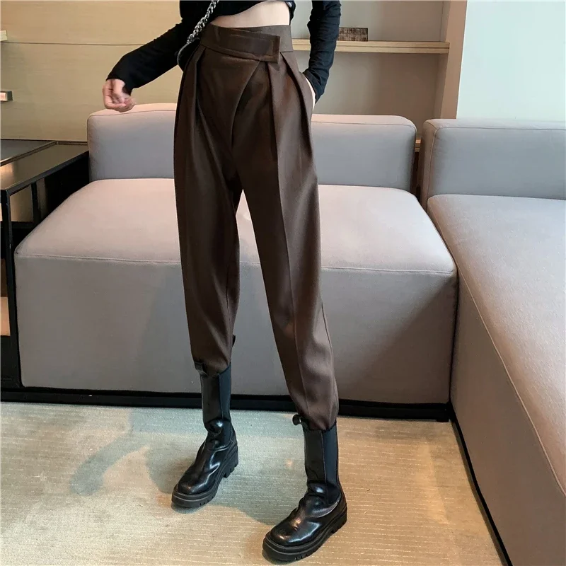 

Spring Autumn Women Long Casual Harem Pants Korean Style Fashion Loose Asymmetry High Waist Black Cargo Trousers LJ162