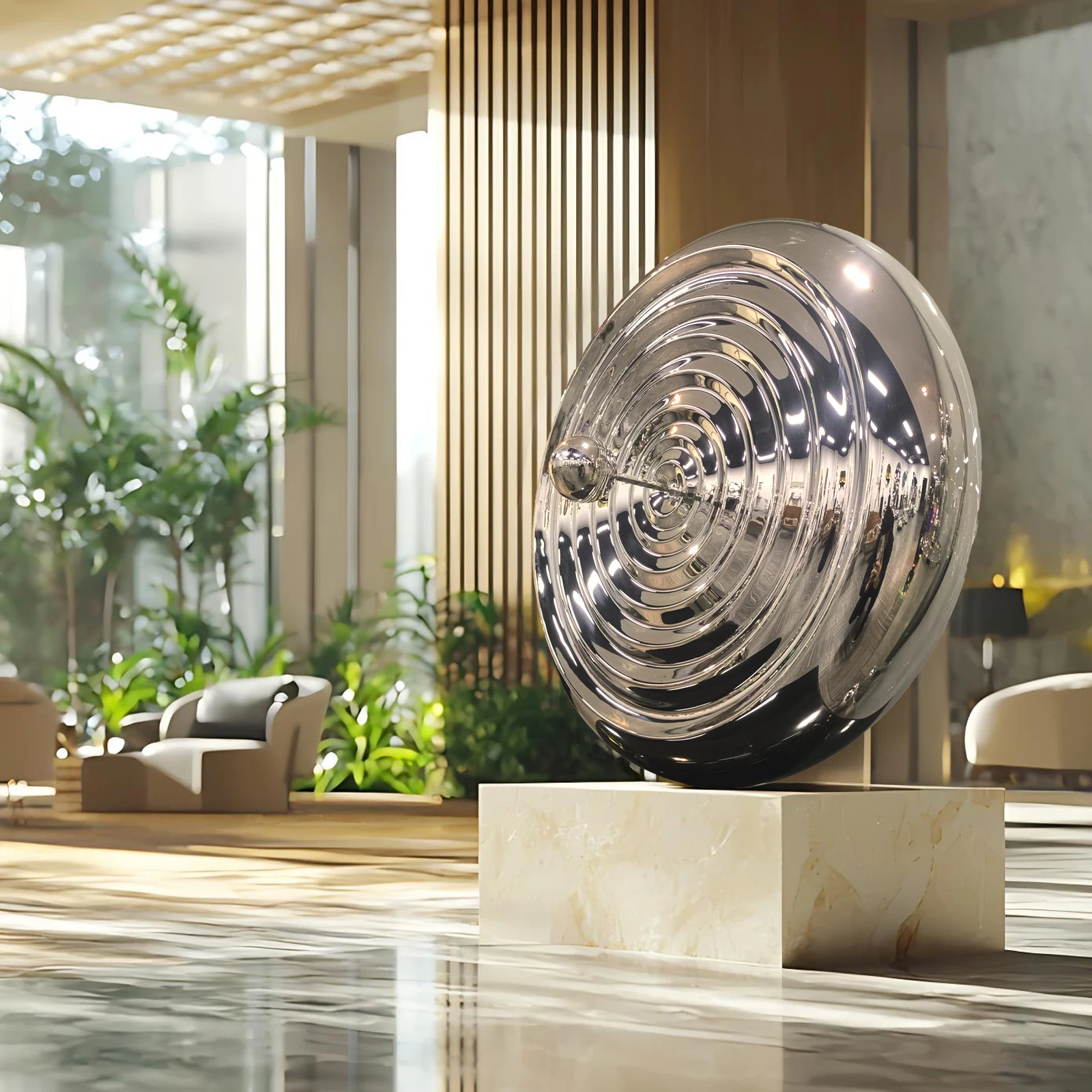 

Пользовательская полированная гальваническая абстрактная китайская скульптура Sundial 304/316, нержавеющая сталь, современный домашний декор, зеркало, металлические поделки