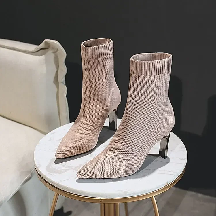 Simple Fashion Stretch Socks Boots for Women High Heels Shoes Knit Socks Boots Skinny Women Pointed Toe Ankle Boots Botas Mujer