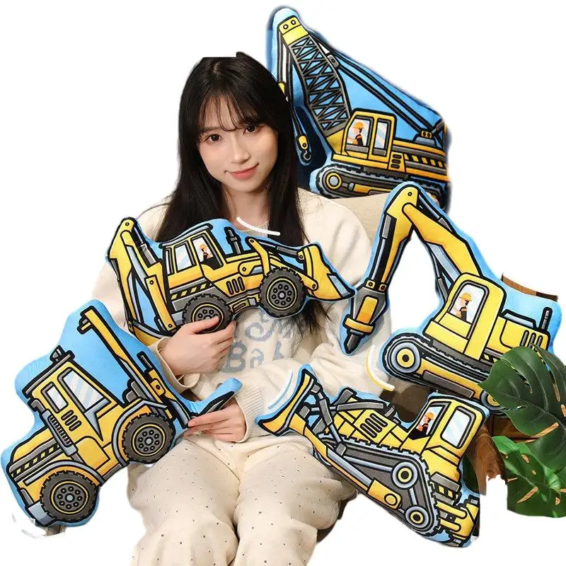 

Stuffed Transporter Plush Pillow Soft Printing Multi-functional Bulldozer Forklift Crane Excavator Road Roller Tramcar Men Gift