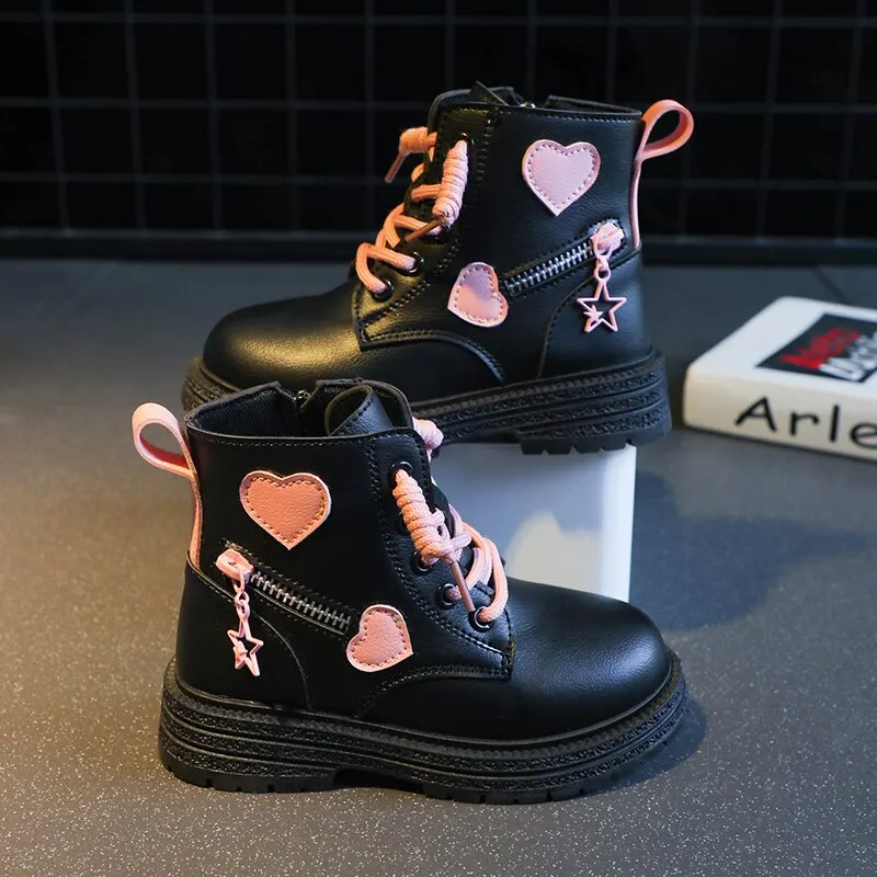 Girls Ankle Boots Fashion Princess PU Leather Rubber Outsole Children\'s Short Boots Autumn Winter Zipper Pink with Love Heart