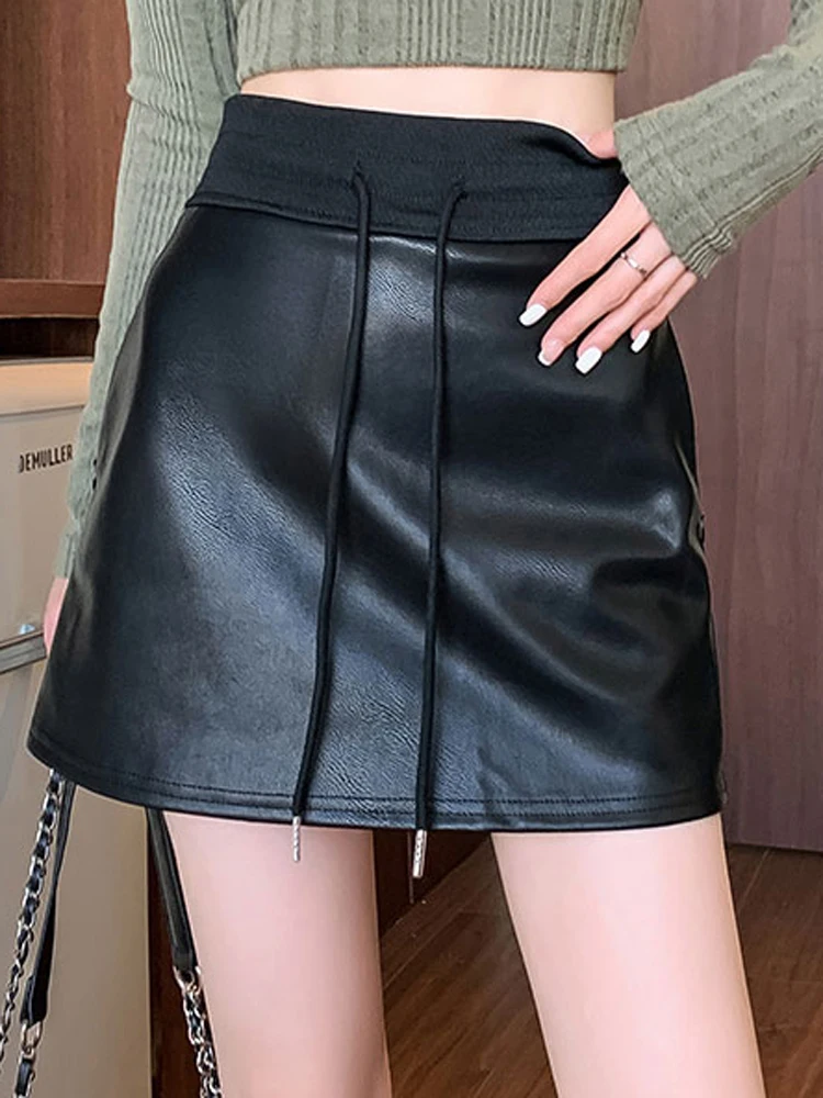 

Drawstring Elastic High Waist Hip Skirts 2024 Women's Clothing Sales Sexy PU Leather Splicing Short Skirt Loose Versatile Casual