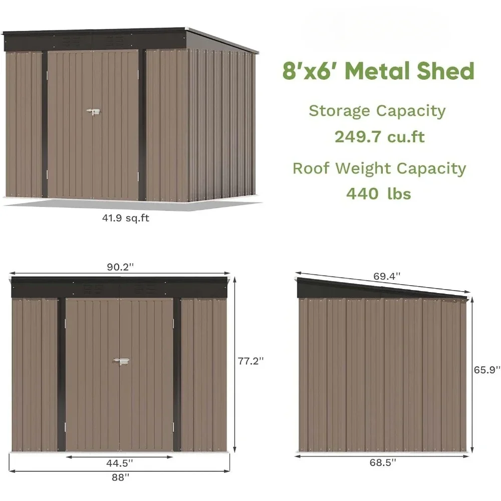 8 'x 6' Metal Outdoor Storage Shed, Metal Shed with Ventilation and Lock, Waterproof and UV Resistant, Brown Color