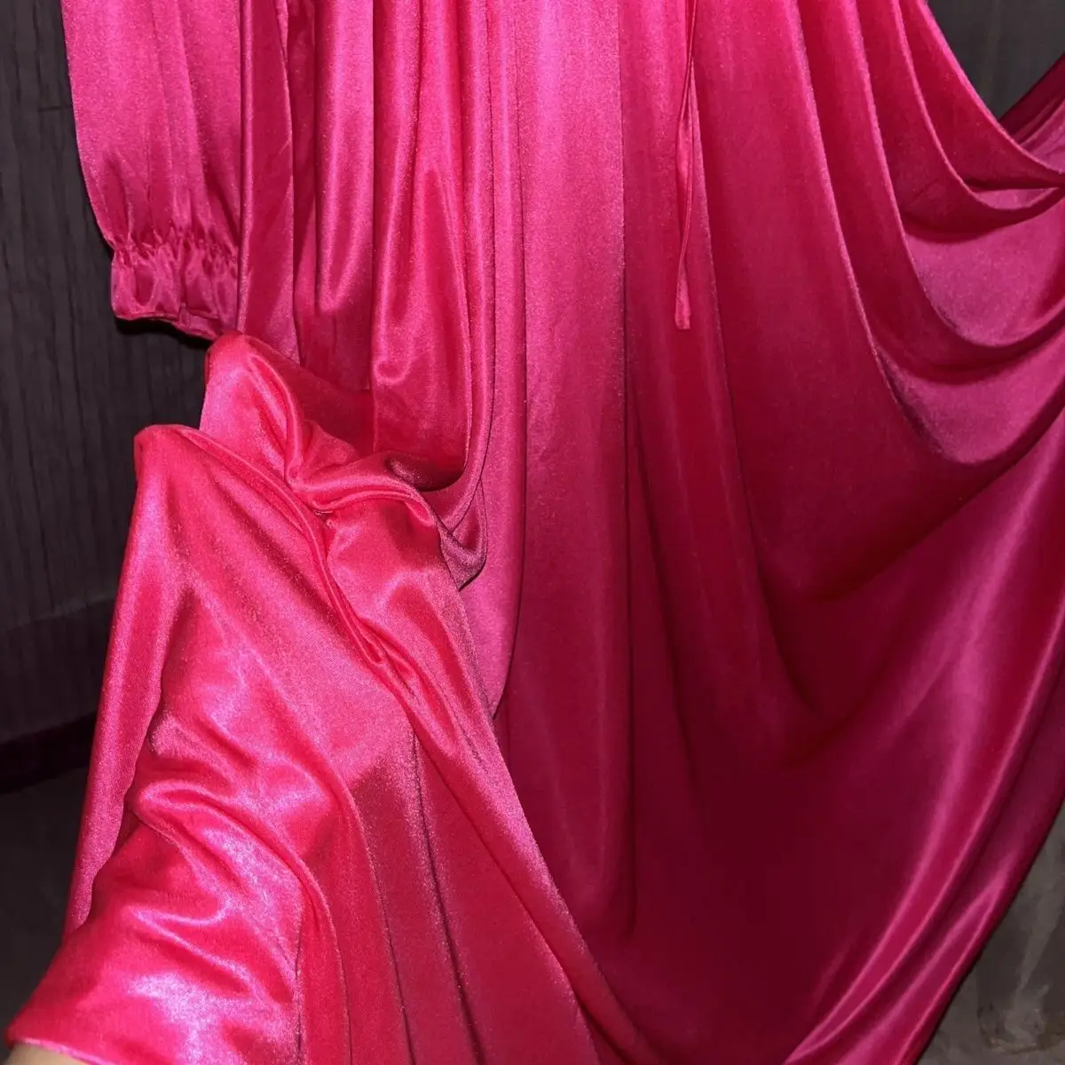 Glossy Women Satin Long Sleeve Loose Maxi Dress Plus Size See Through Sexy Sleeping Robe