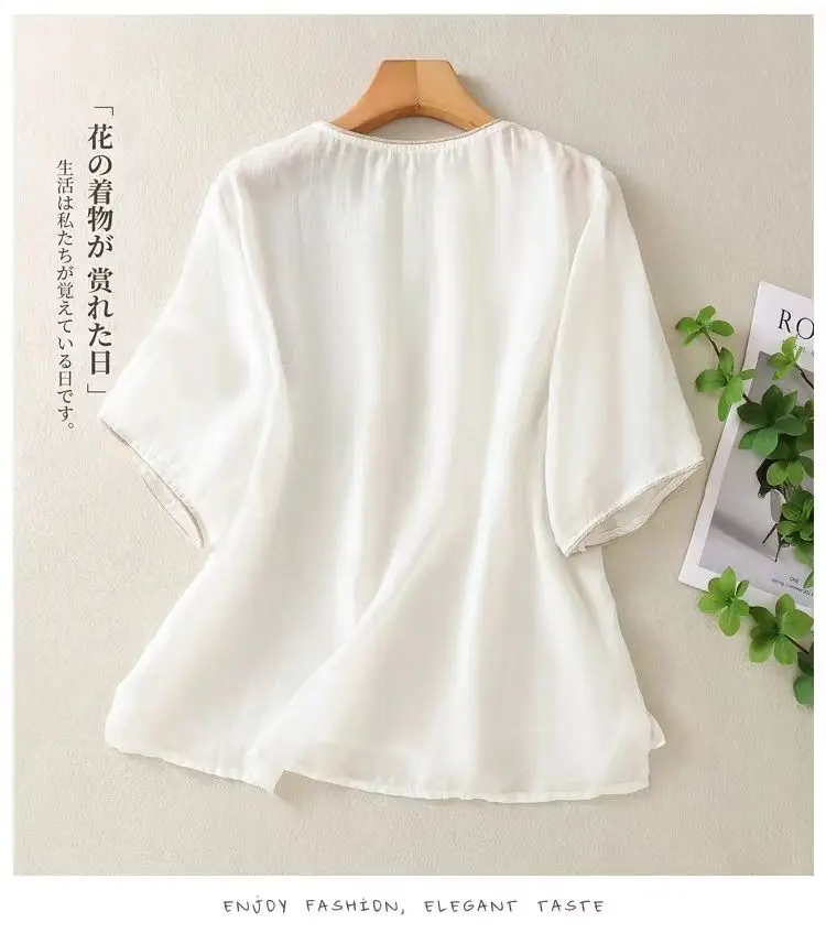 New Chinese Style Retro Cotton and Linen Top for Women in Summer Thin Loose Cotton and Linen Shirt Short Sleeves