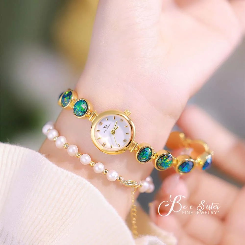 นาฬิกาข้อมือผู้หญิง BS รุ่นใหม่ สายแบบ Link Bracelet ประดับด้วยหินดิบสีรุ้ง สไตล์ INS ดีไซน์เปลี่ยนสีเหมือนมาลาไคต์ รุ่น FA1648 ของขวัญสำหรับสุภาพสตรี
