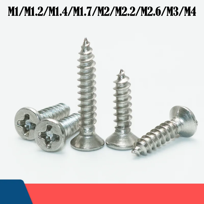 

200P/lot Countersunk Head Tapping Screw M1 M1.4 M2 M2.5 M3 M3.5 M4 304 Stainless steel Cross Recessed Flat Furniture Wood Screws