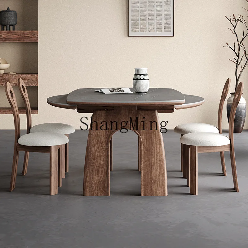 

FG medieval style folding solid wood dining table and chair rock slab expansion and contraction can be changed round table