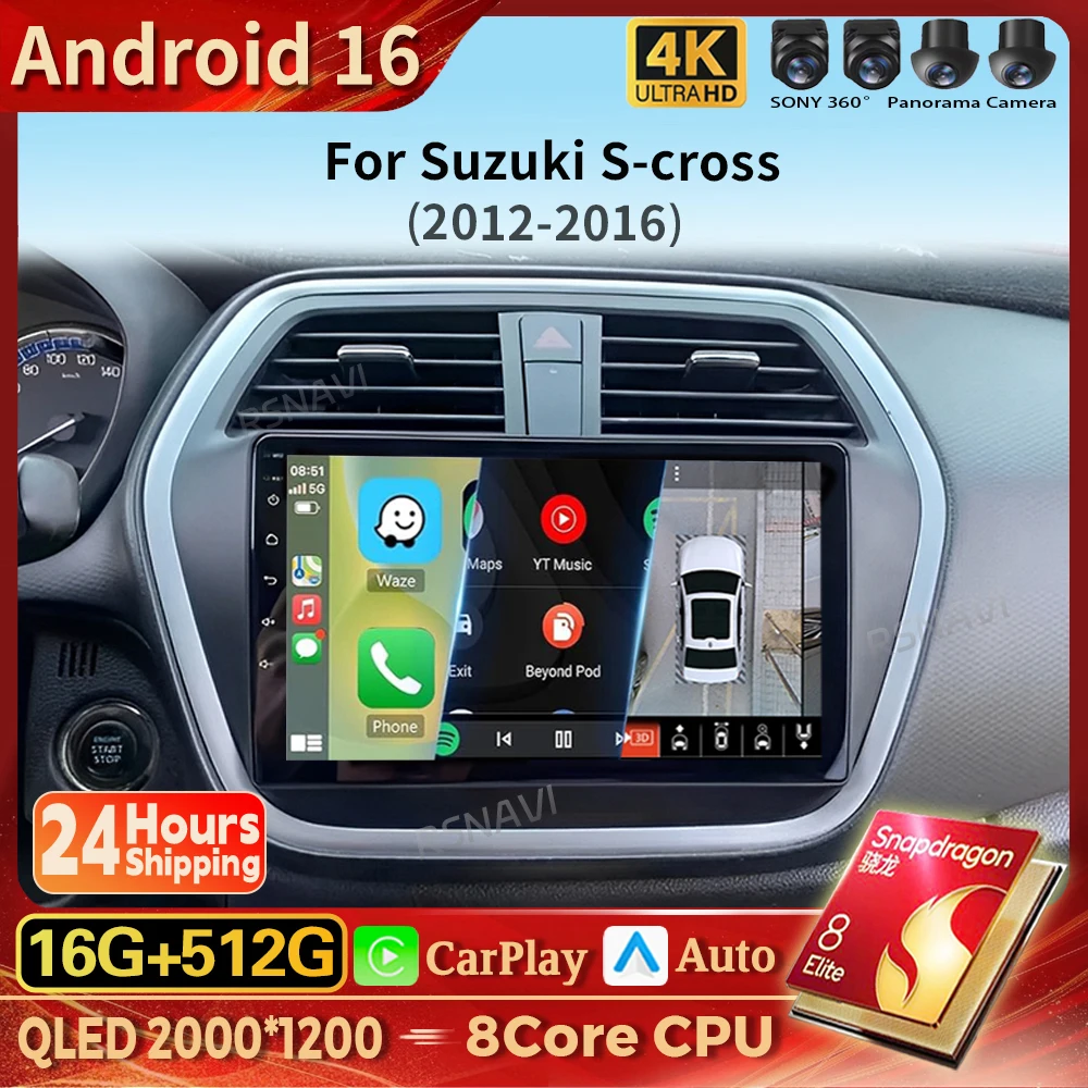 Android 16 Carplay Auto 2K Screen Car Radio Multimedia Video Player For Suzuki SX4 2 S-Cross 2012 - 2016 Autoradio 16G-512G