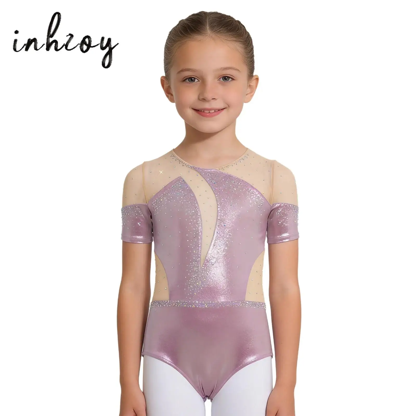 

Kids Girls Figure Skating Ballet Dance Leotard Short Sleeve Cutout Back Patchwork Shiny Rhinestones Ballet Bodysuit Dancewear